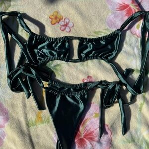 Boutine LA Green Satin Tie String Bikini Sets